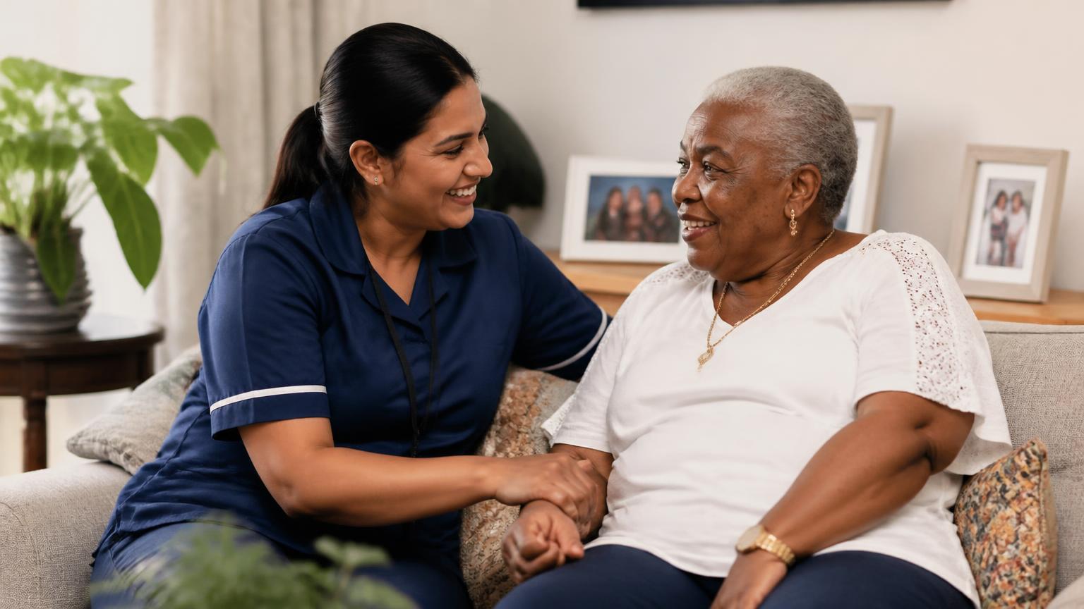 A South Asian support worker holding hands with an elderly Caribbean woman in supported living