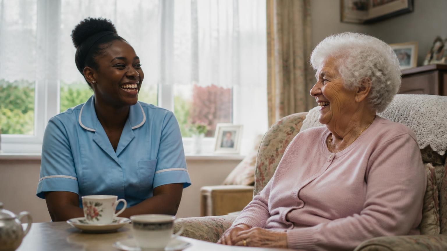 An African home carer laughing with an elderly woman over tea in her living room