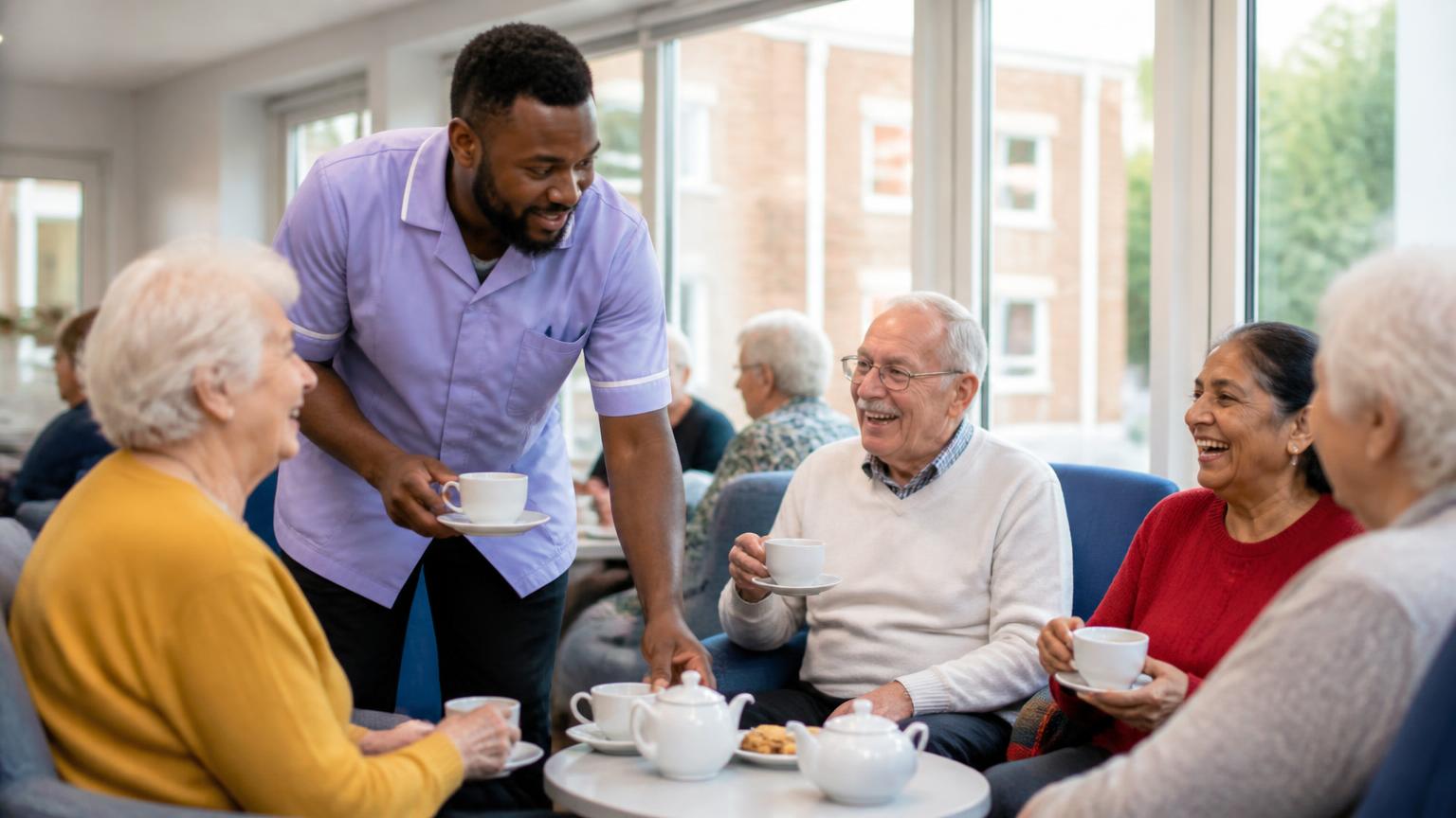 A care home support worker serving tea to a group of diverse elderly residents